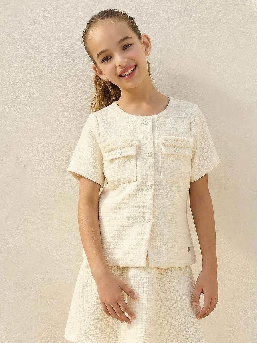 Round Neck Short Sleeves Shirt with Ruffle Detail