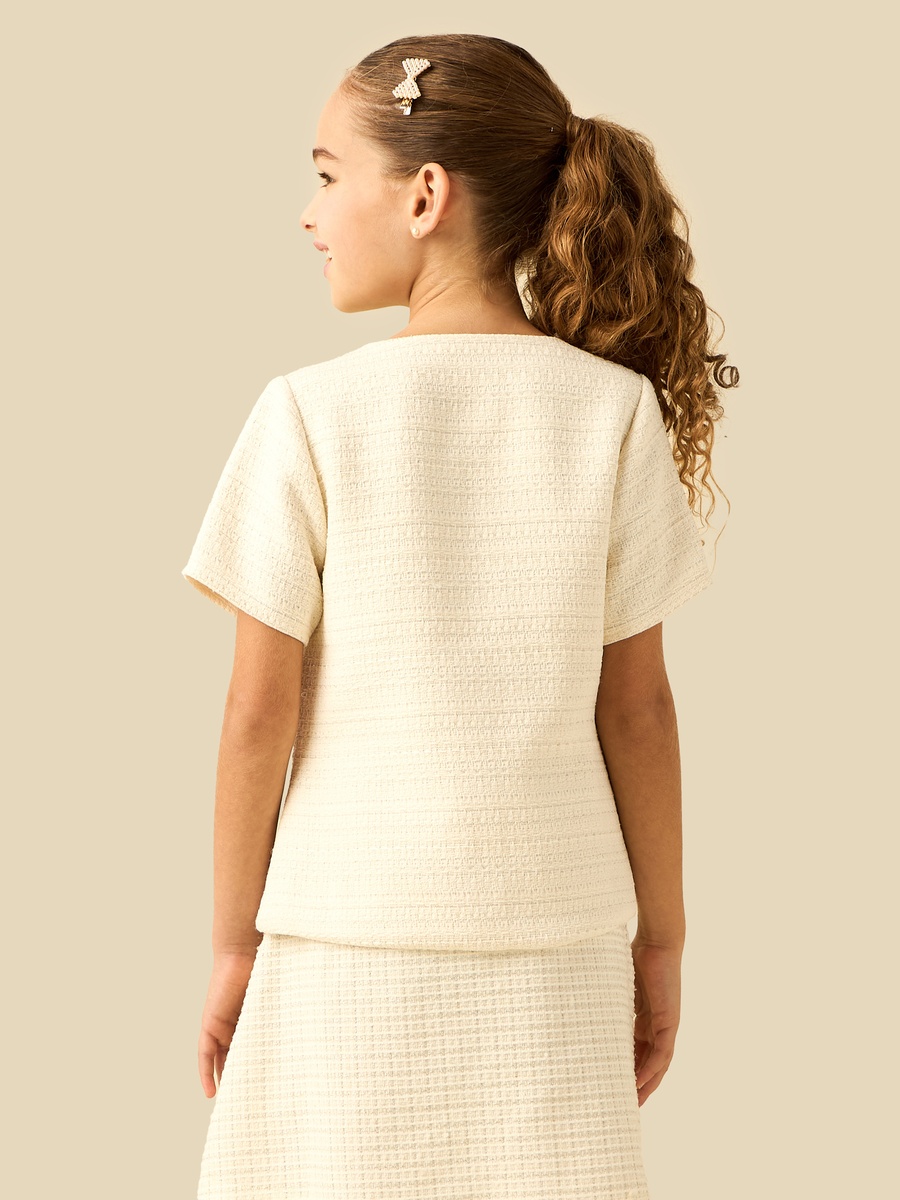 Round Neck Short Sleeves Shirt with Ruffle Detail