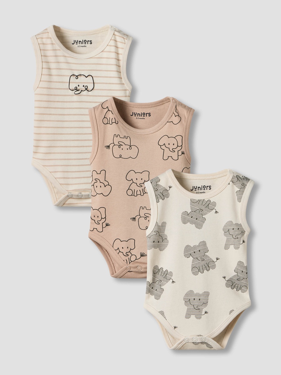 Pack of 3 Round Neck Sleeveless Bodyuit with Elephant Print