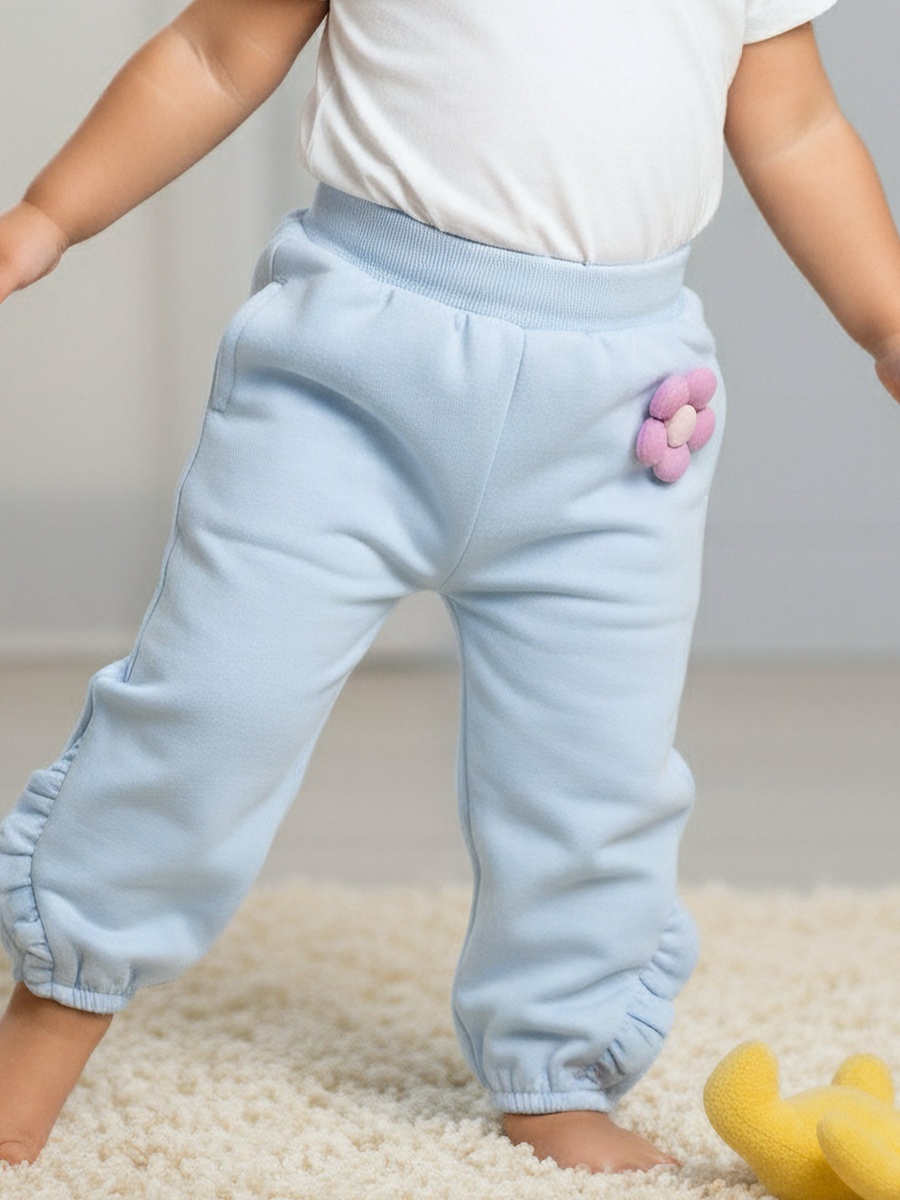 Elastic Waist Joggers with Floral Applique