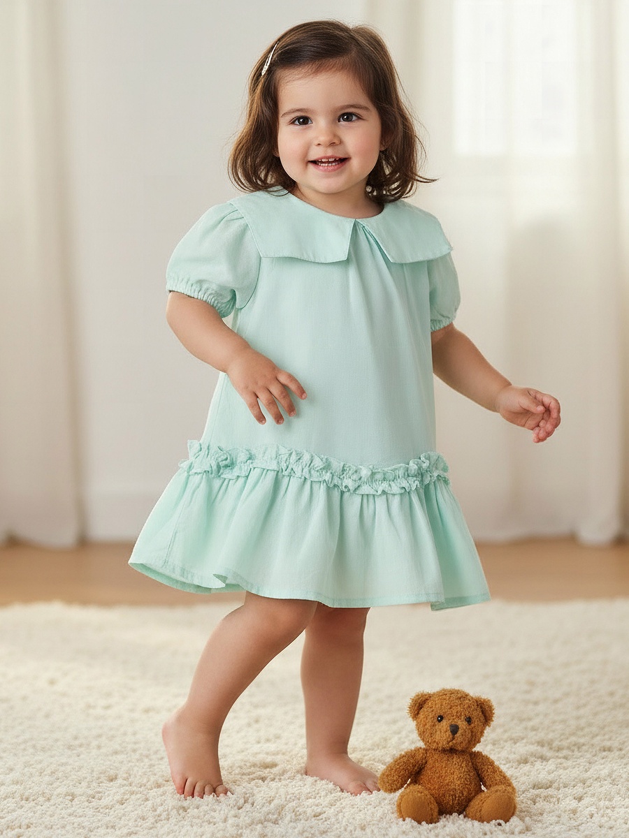 Sailor Collar Long Sleeves Drop Waist Dress with Ruffle Hem