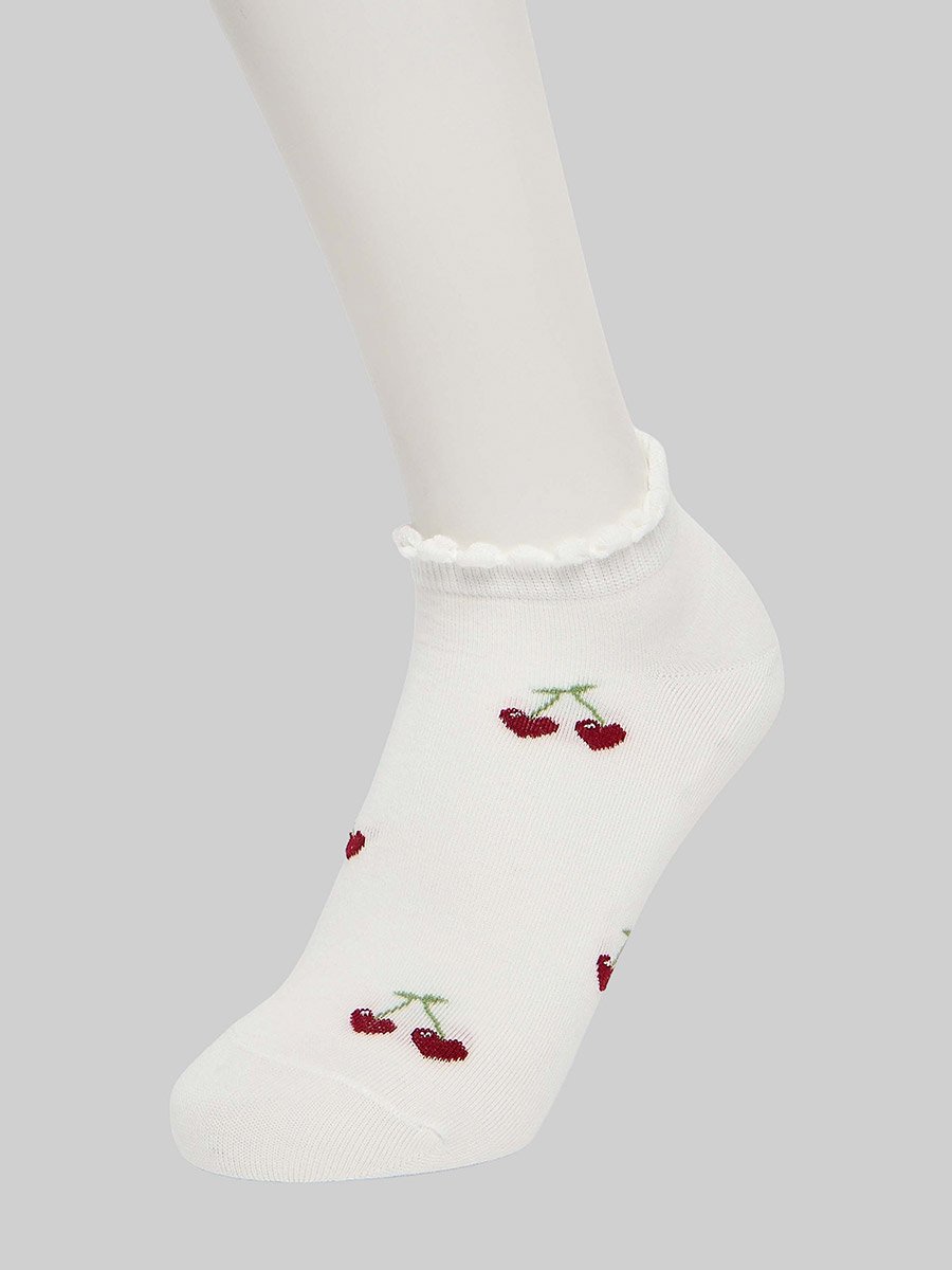 Girls White Cherry Embroidered Crew Socks