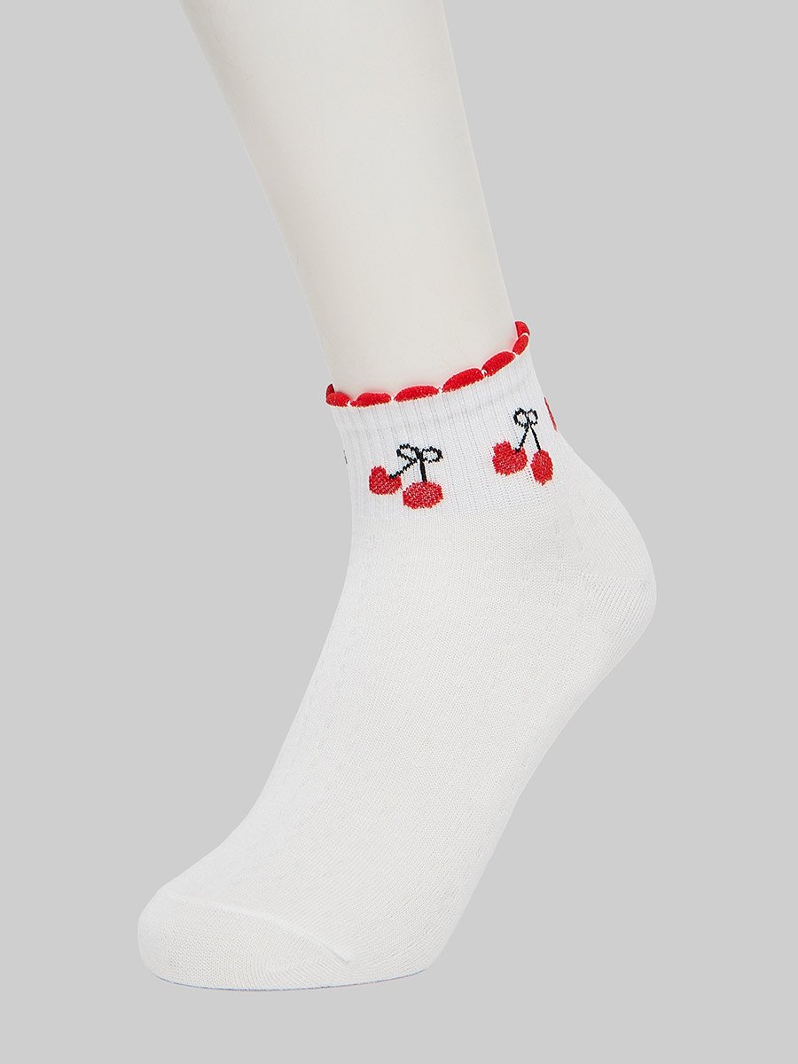 White Cherry Embroidery Ankle Socks
