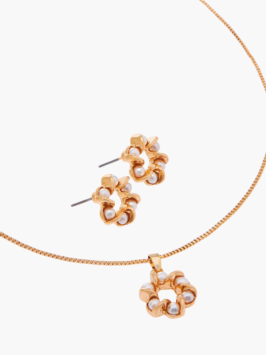 Metal Pearl Embellished Pendant Necklace and Earrings