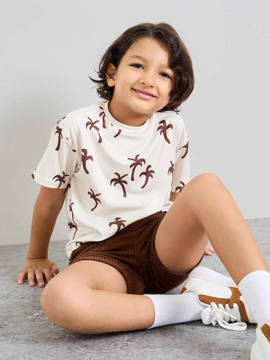 Boys All-Over Palm Print Regular Fit T-Shirt and Textured Knit Shorts Set