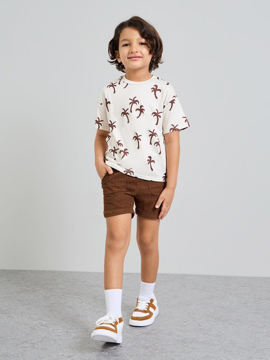 Boys All-Over Palm Print Regular Fit T-Shirt and Textured Knit Shorts Set