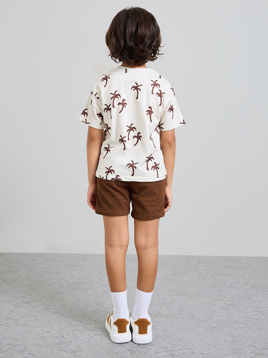 Boys All-Over Palm Print Regular Fit T-Shirt and Textured Knit Shorts Set