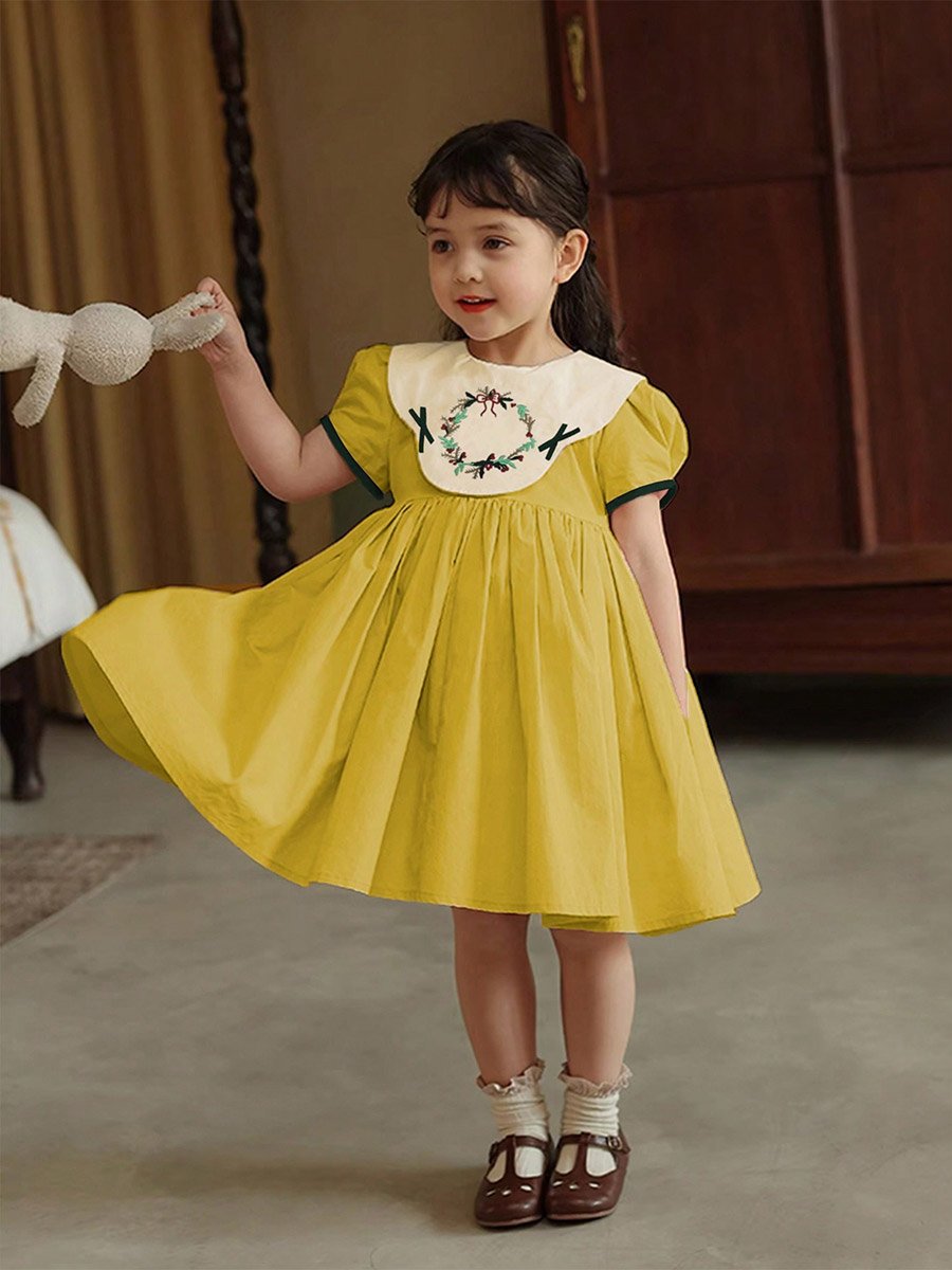 Girls Embroidered Puff Sleeve Dress