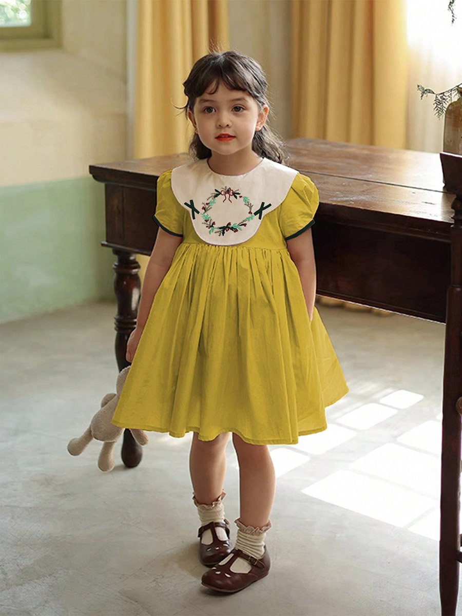 Girls Embroidered Puff Sleeve Dress