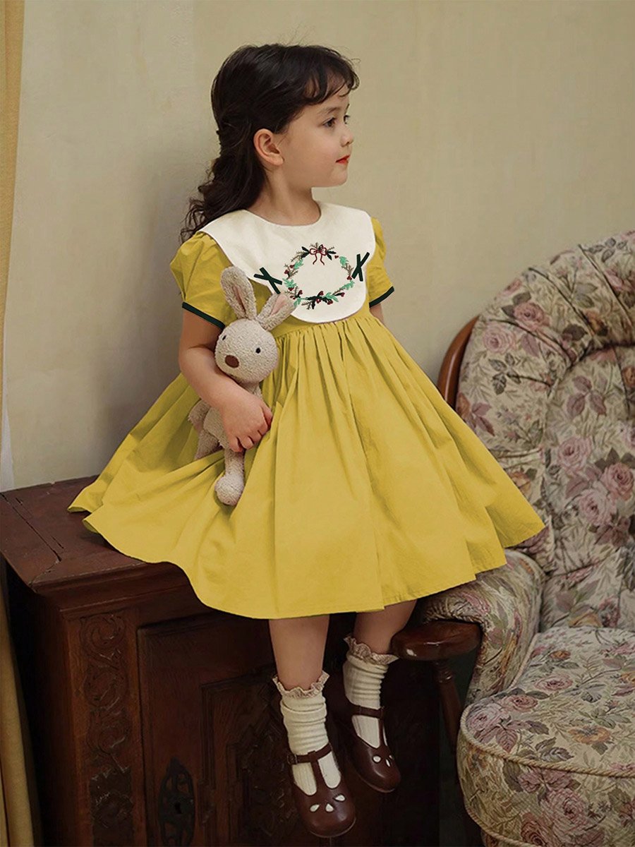 Girls Embroidered Puff Sleeve Dress