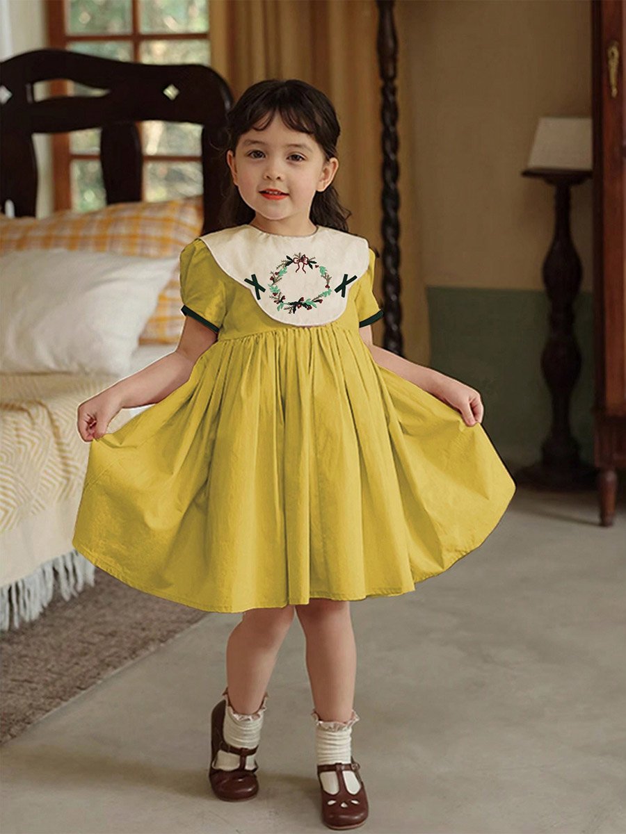 Girls Embroidered Puff Sleeve Dress