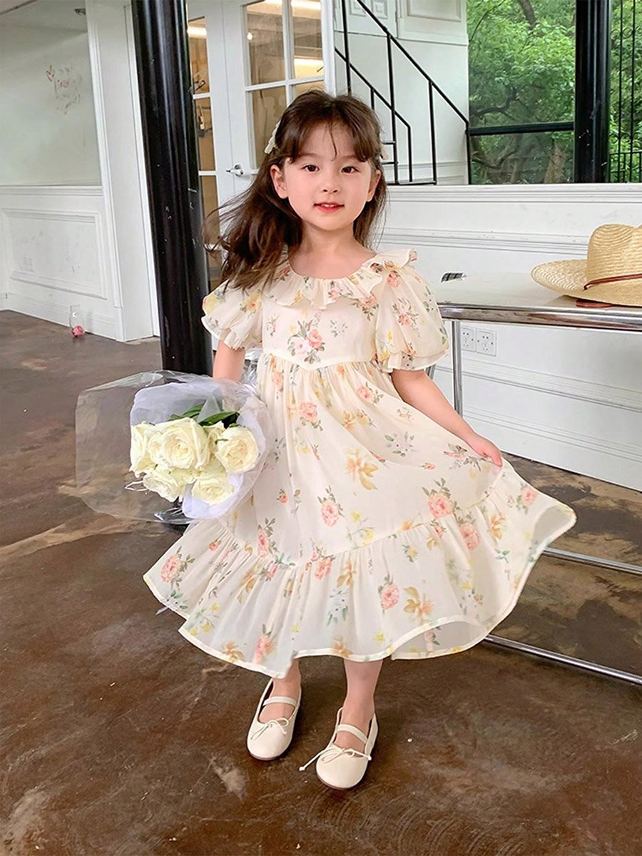 Girls Floral Print Puff Sleeve Dress
