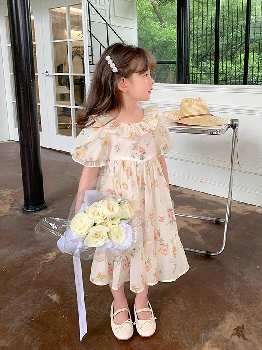 Girls Floral Print Puff Sleeve Dress