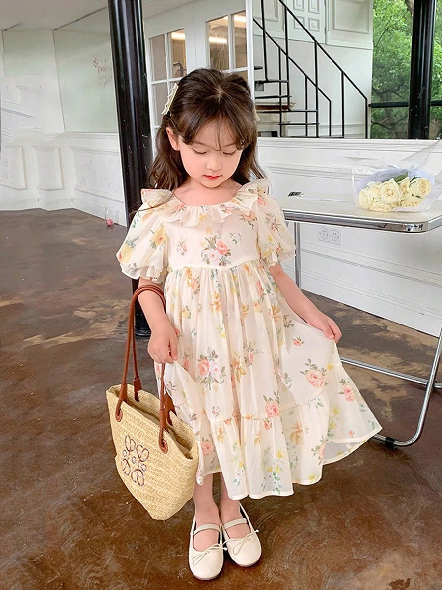 Girls Floral Print Puff Sleeve Dress