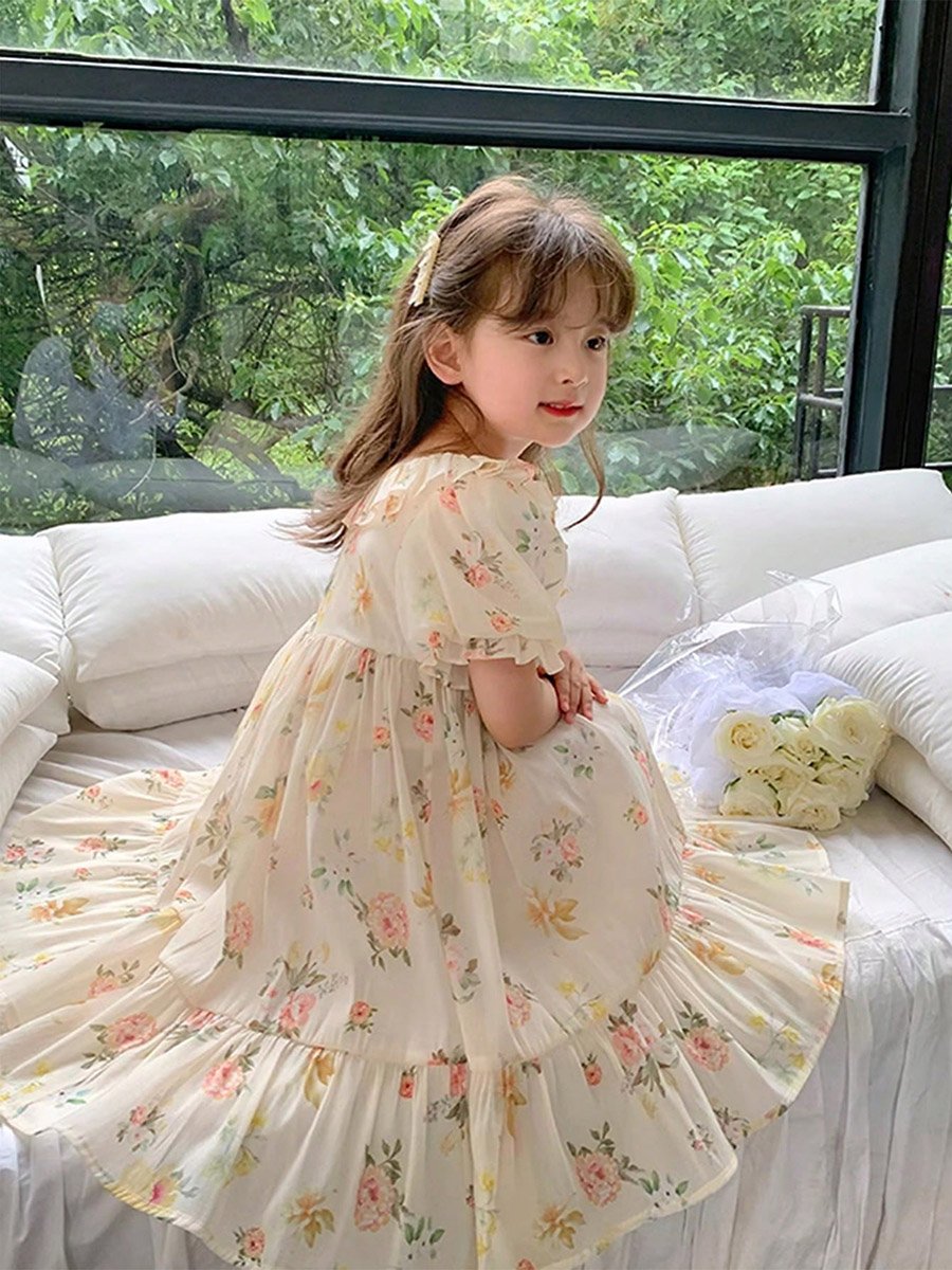 Girls Floral Print Puff Sleeve Dress