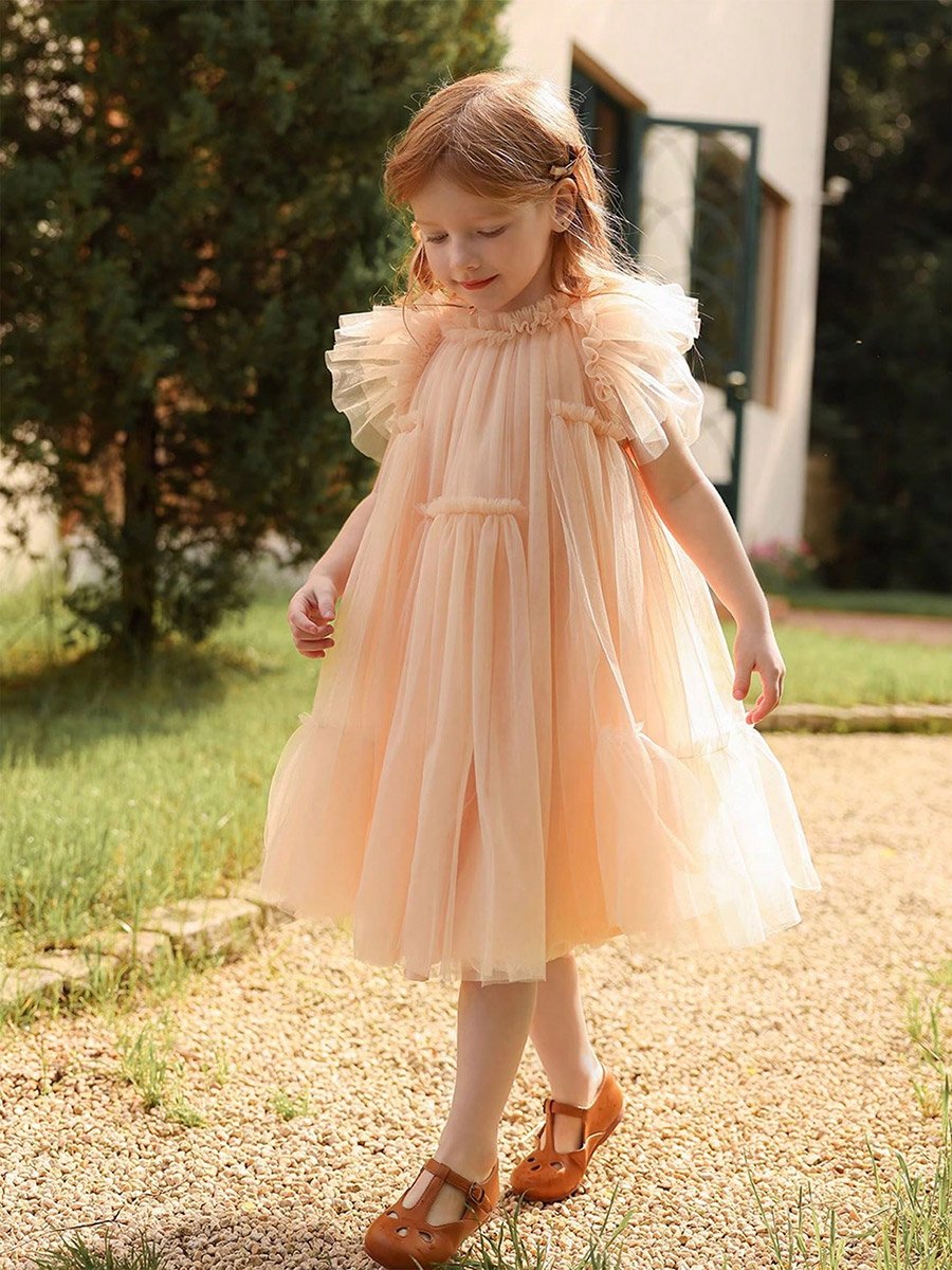 Girls Solid Mesh Frill Sleeve Dress