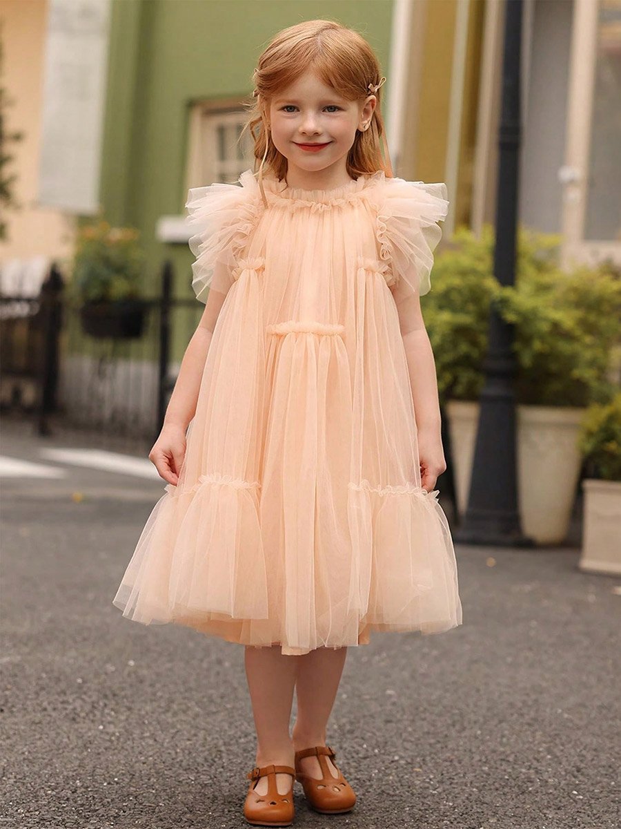 Girls Solid Mesh Frill Sleeve Dress