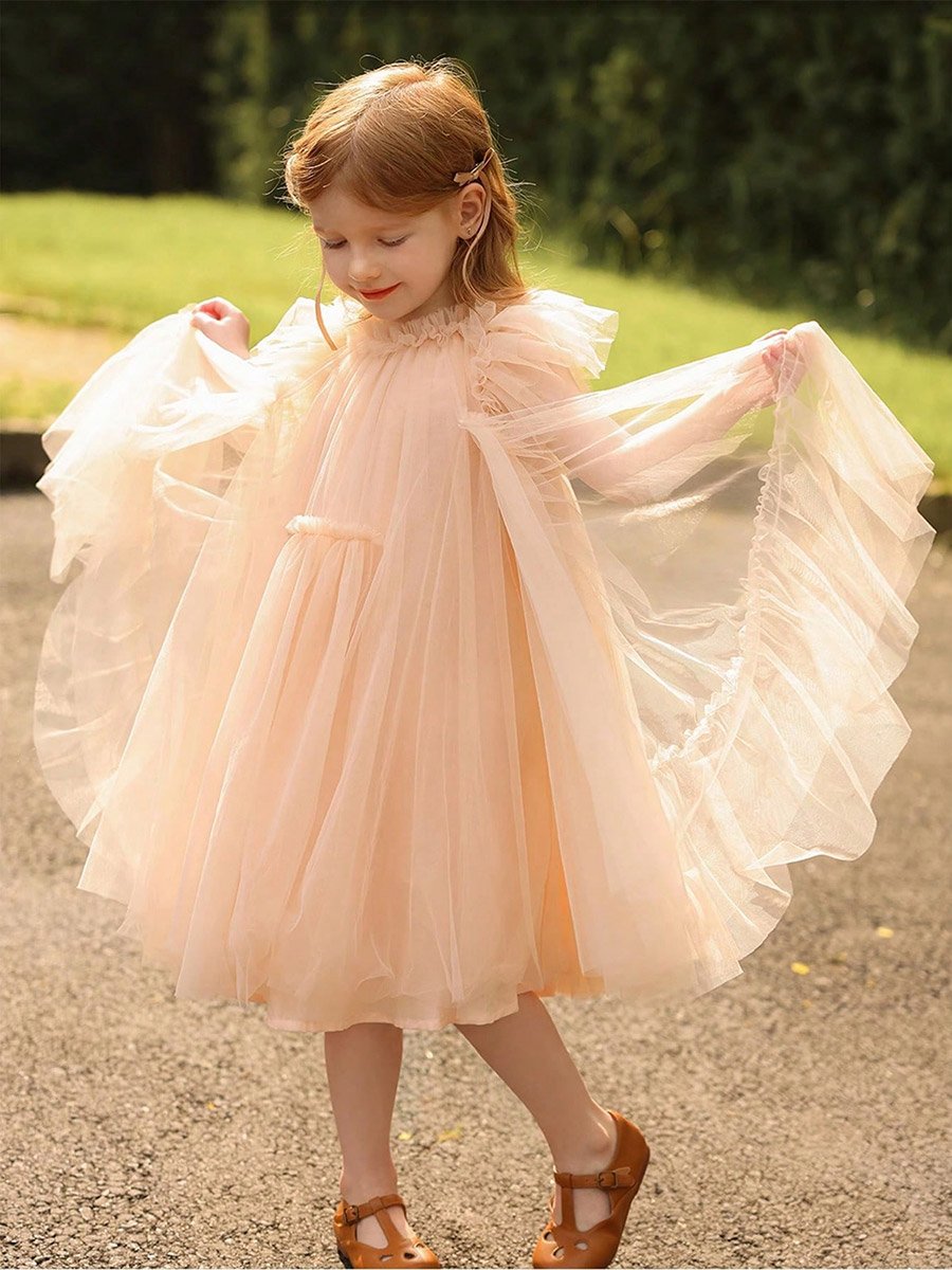 Girls Solid Mesh Frill Sleeve Dress