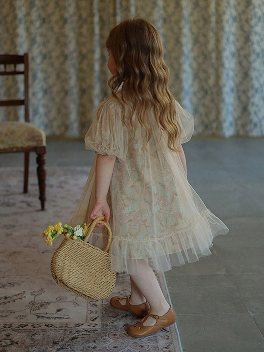 Girls Floral Print Mesh Puff Sleeve Dress