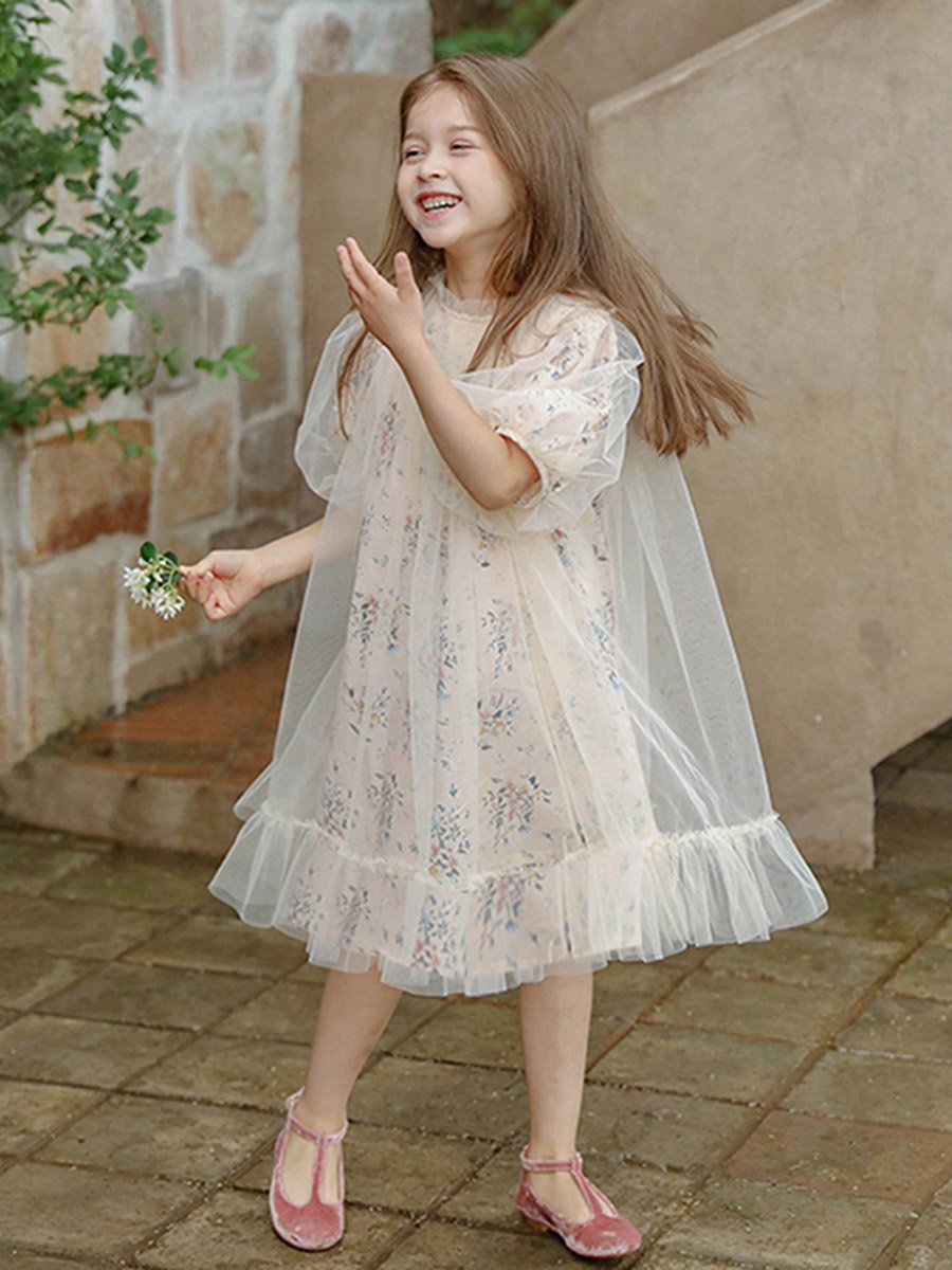Girls Floral Print Mesh Puff Sleeve Dress