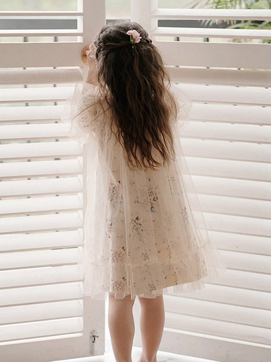 Girls Floral Print Mesh Puff Sleeve Dress