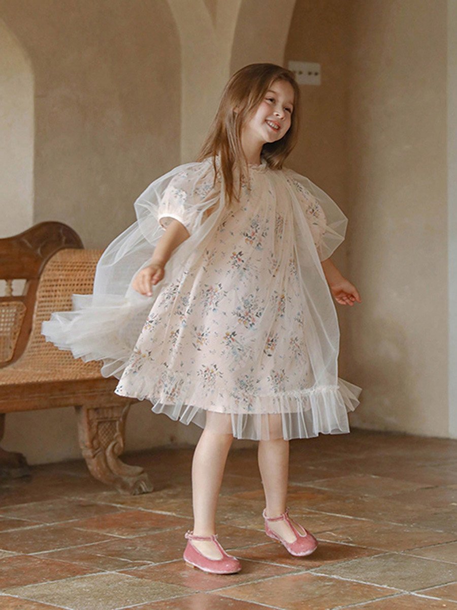 Girls Floral Print Mesh Puff Sleeve Dress