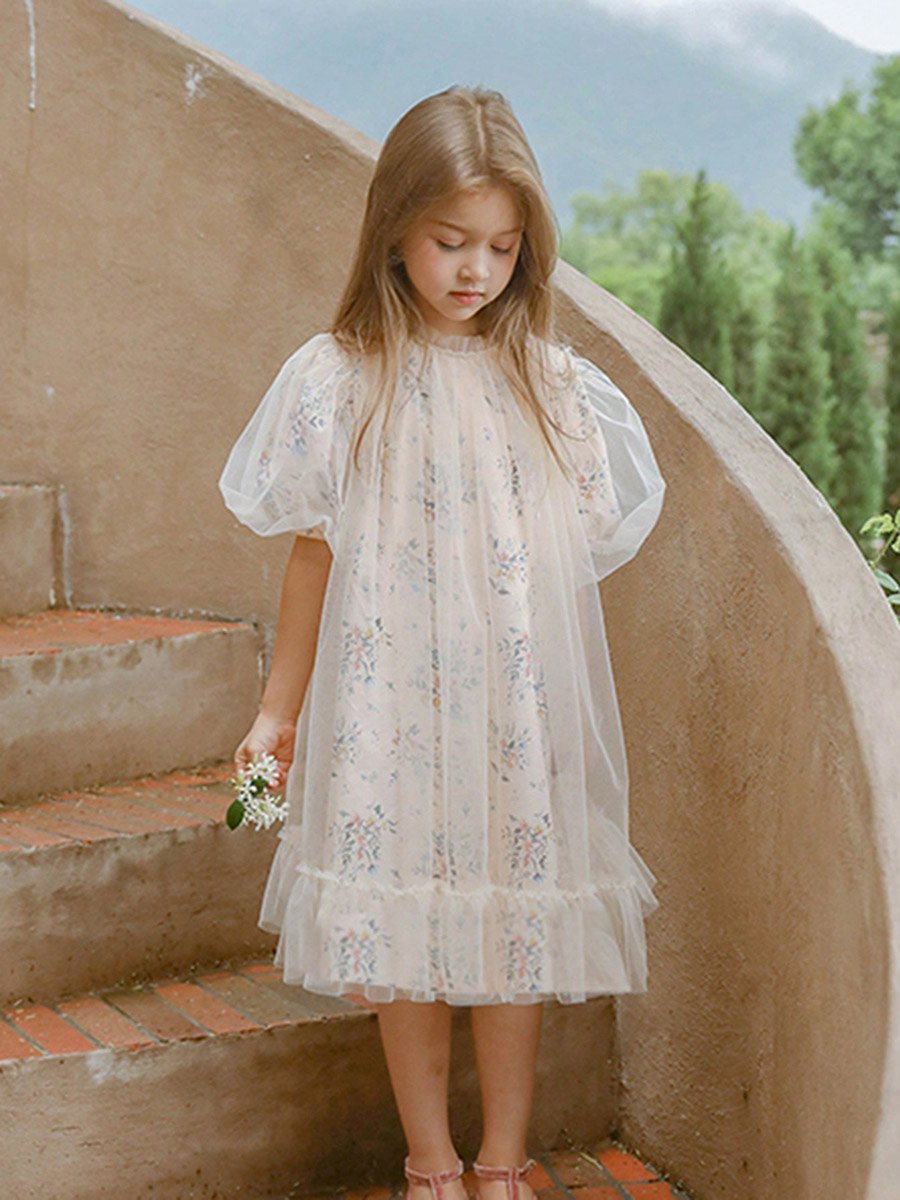 Girls Floral Print Mesh Puff Sleeve Dress