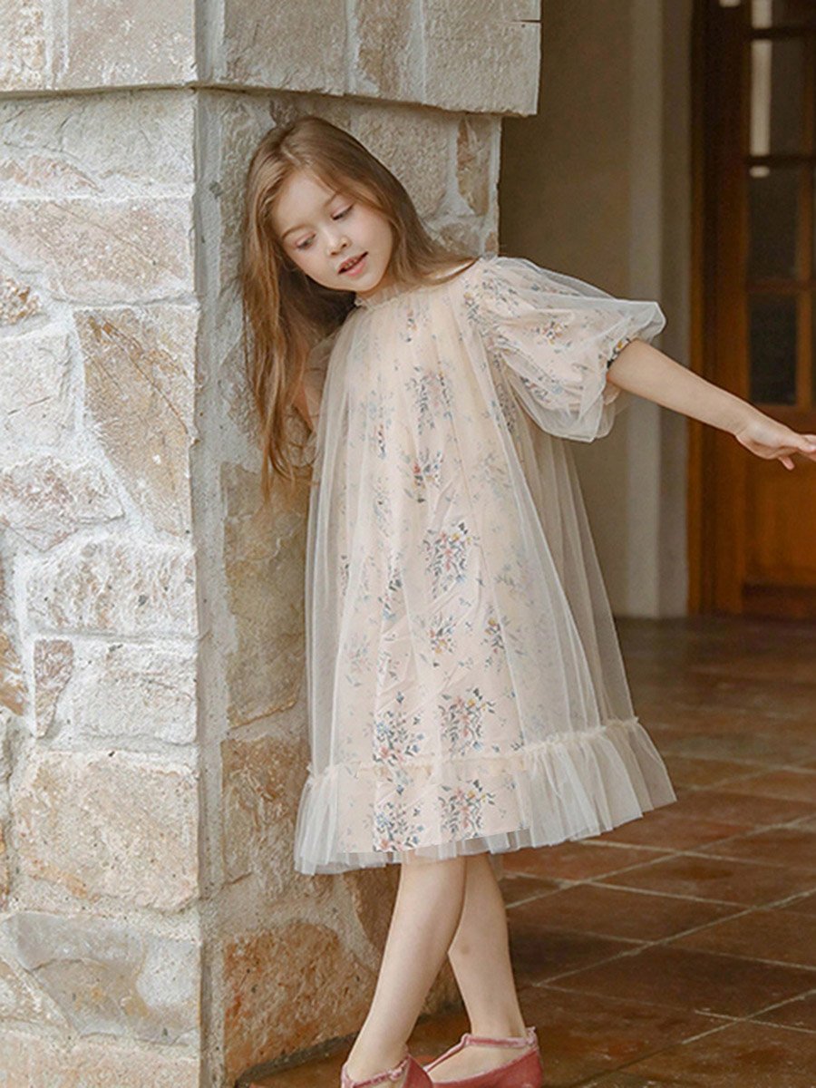 Girls Floral Print Mesh Puff Sleeve Dress