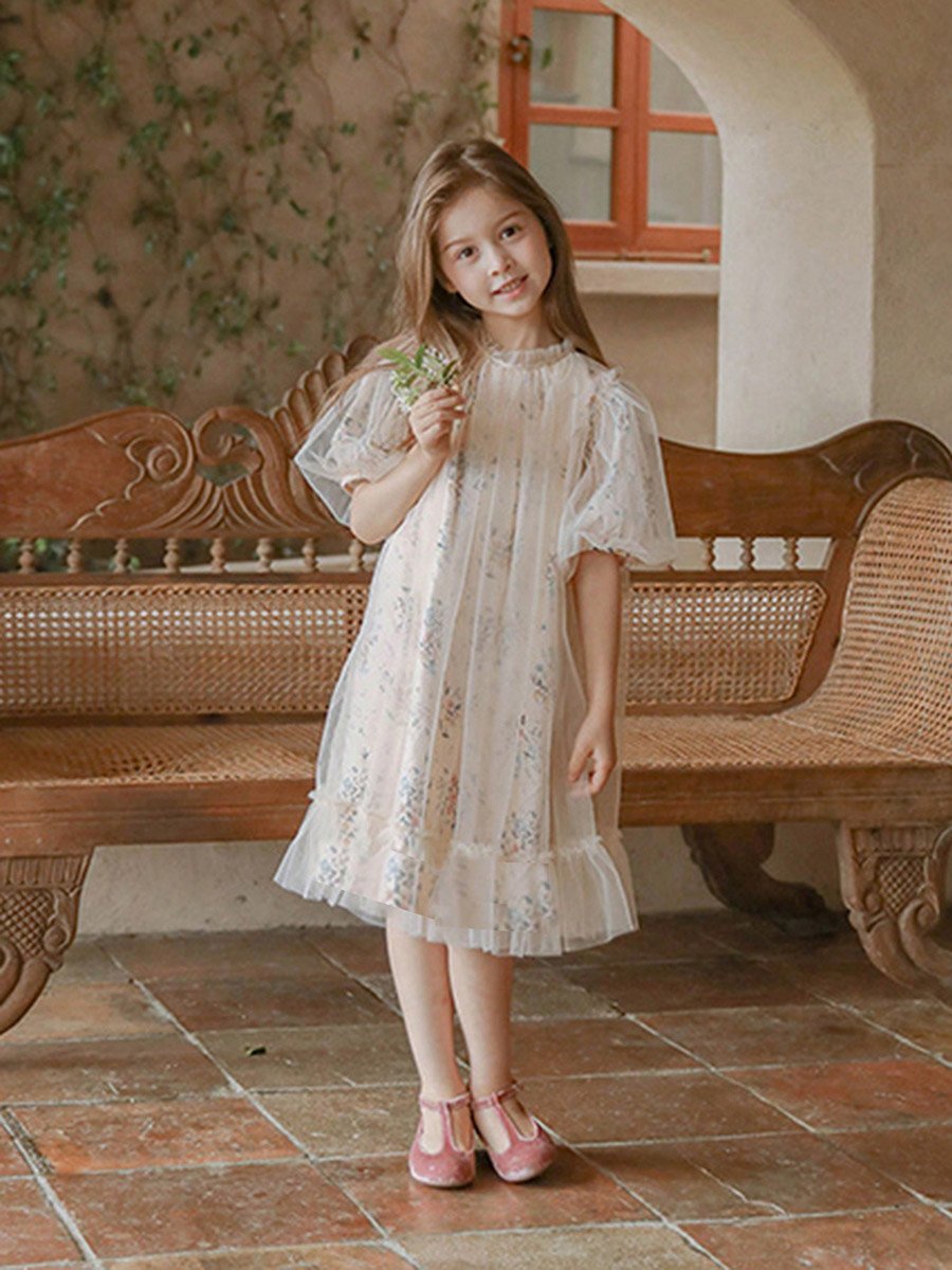 Girls Floral Print Mesh Puff Sleeve Dress