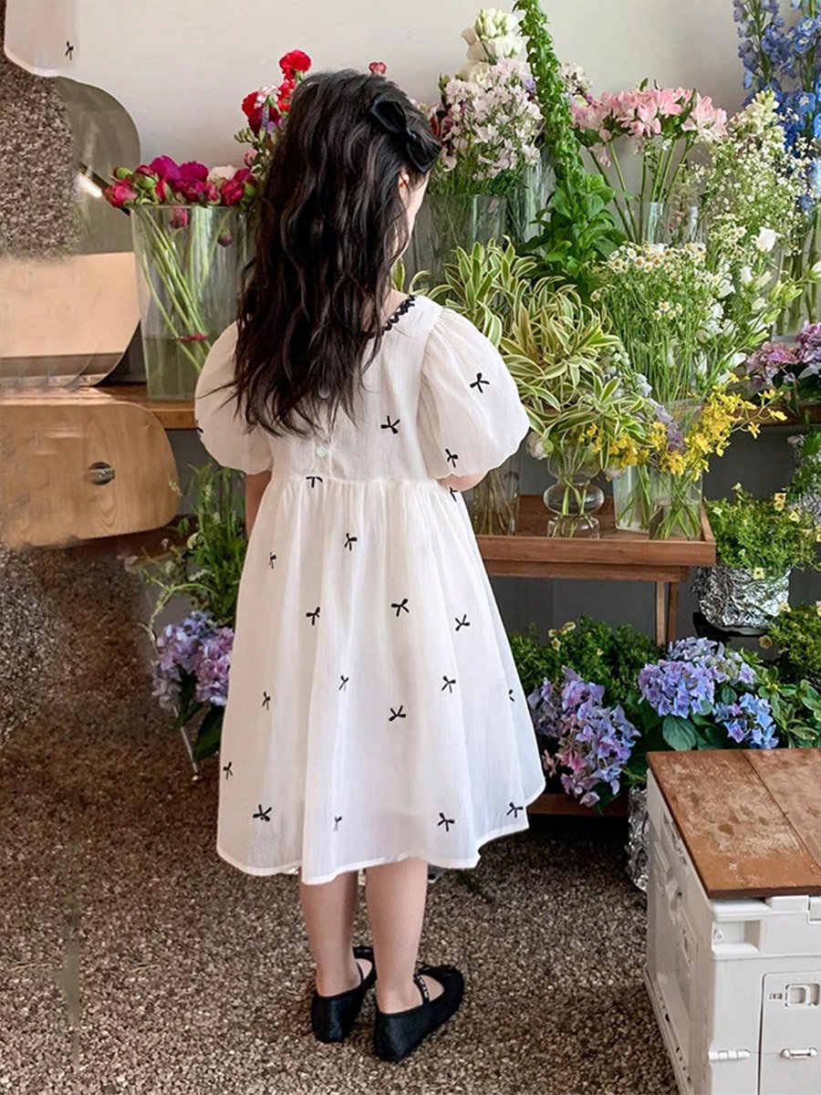 Girls Bow Print Puff Sleeve Dress