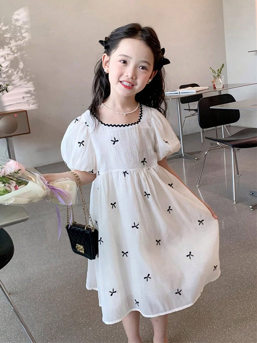 Girls Bow Print Puff Sleeve Dress