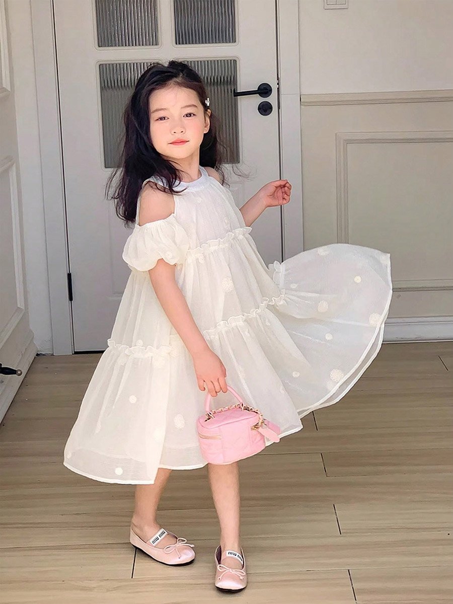 Girls Embroidered Cold-Shoulder Sleeve Dress For Kids at Oman | Styli