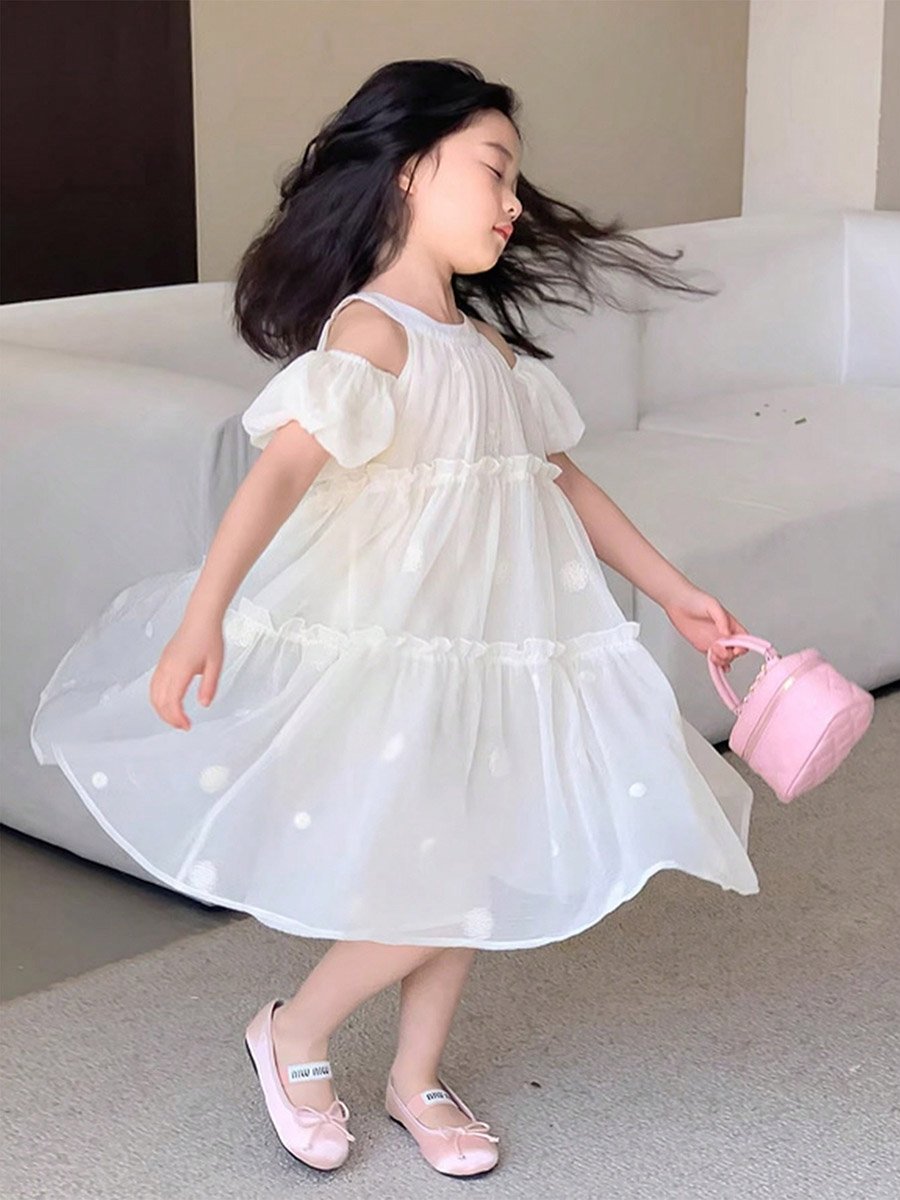 Girls Embroidered Cold-Shoulder Sleeve Dress