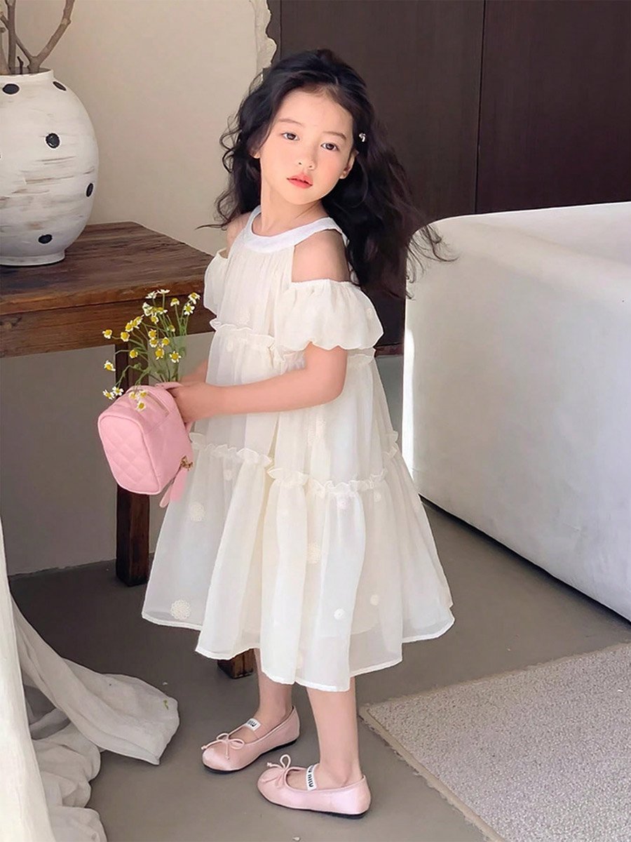 Girls Embroidered Cold-Shoulder Sleeve Dress