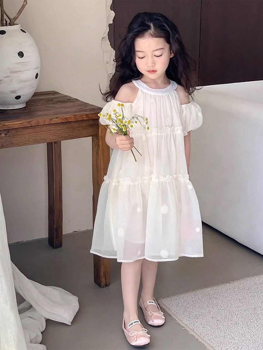 Girls Embroidered Cold-Shoulder Sleeve Dress