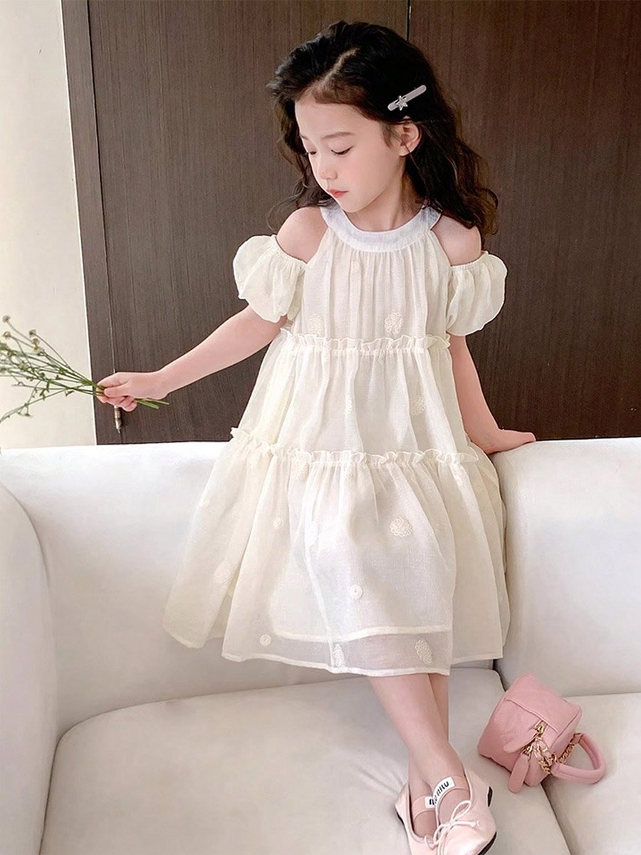 Girls Embroidered Cold-Shoulder Sleeve Dress