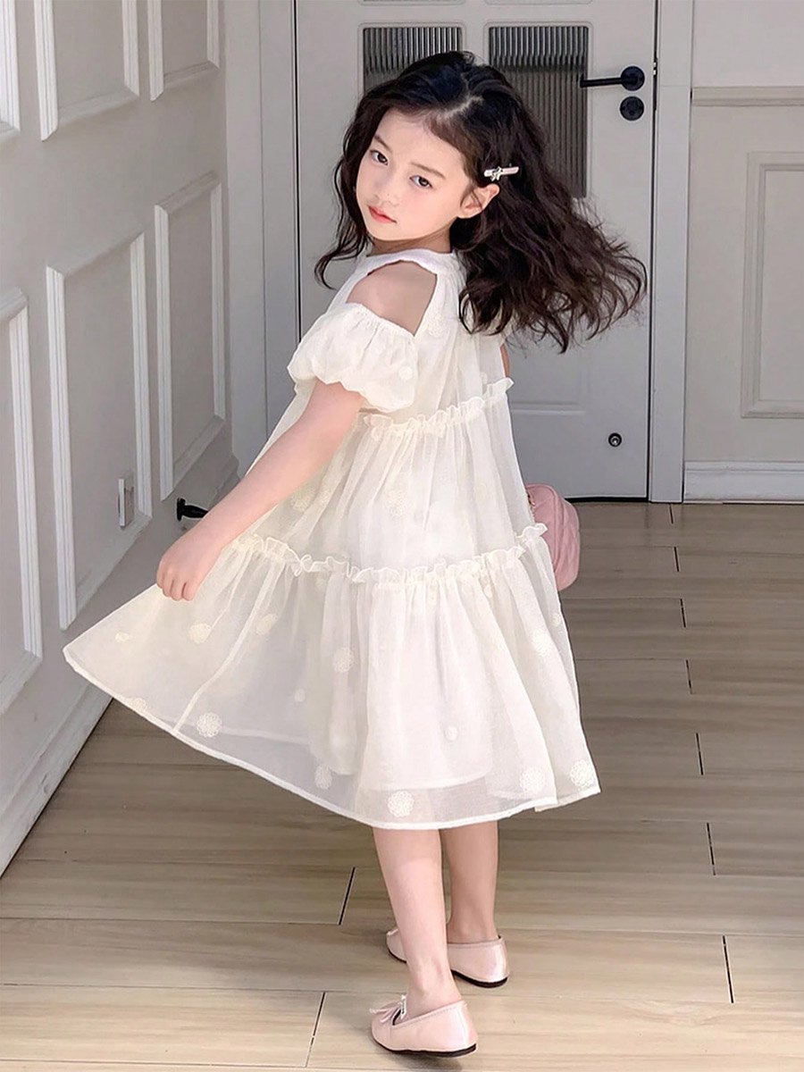 Girls Embroidered Cold-Shoulder Sleeve Dress