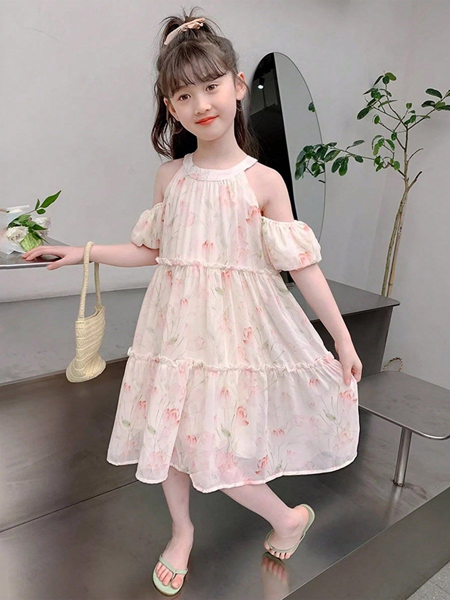 Girls All-Over Print Cold Shoulder Sleeve Dress