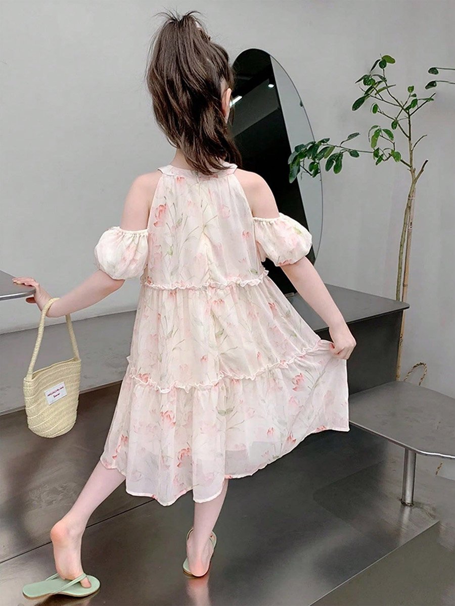 Girls All-Over Print Cold Shoulder Sleeve Dress