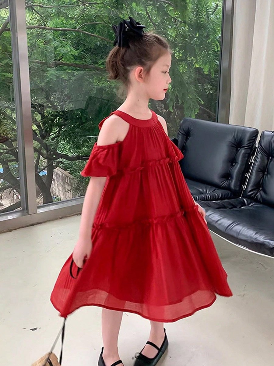 Girls Solid Cold Shoulder Sleeve Ruffled Dress