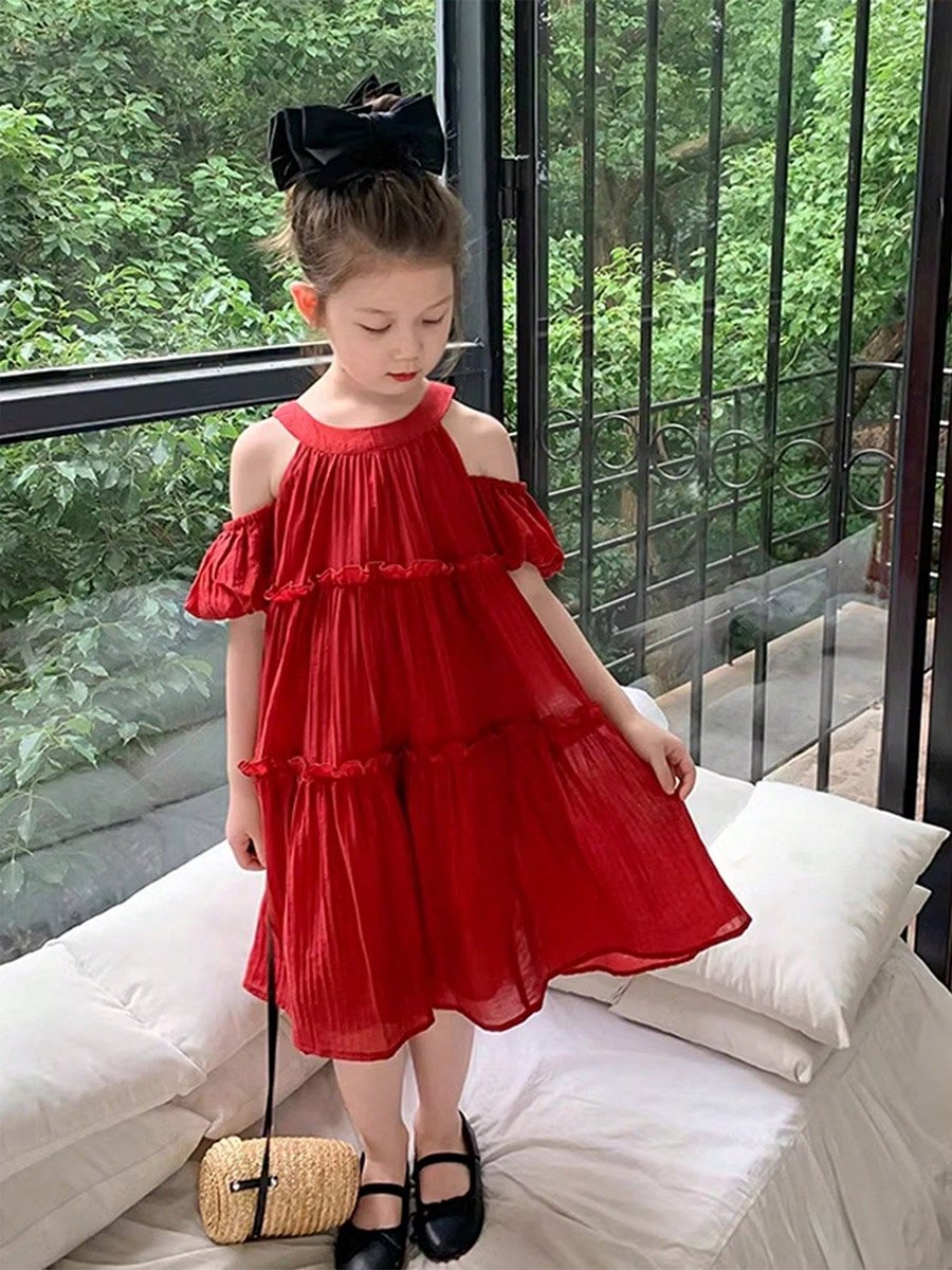 Girls Solid Cold Shoulder Sleeve Ruffled Dress