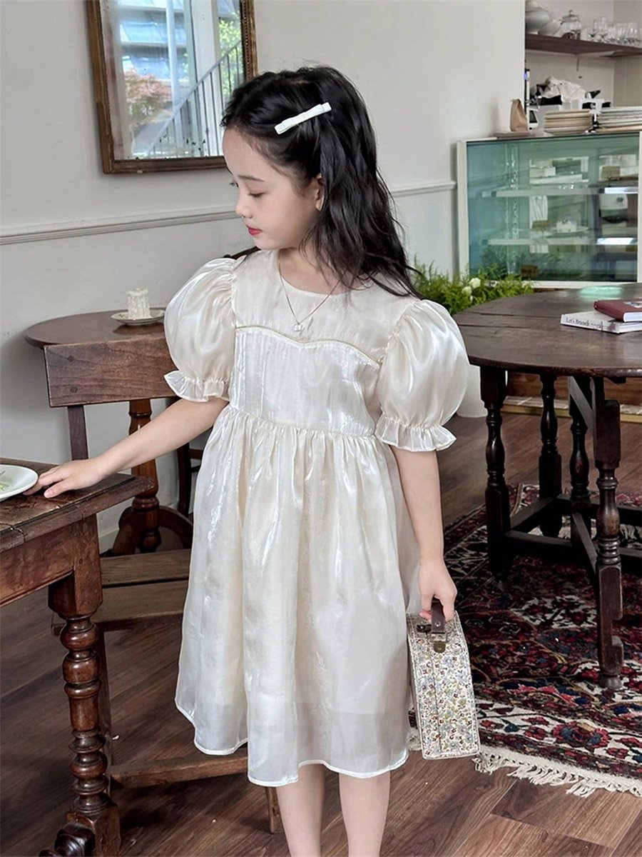 Girls Solid Puff Sleeve Dress