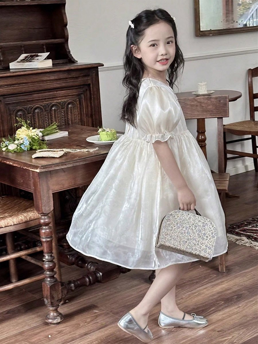Girls Solid Puff Sleeve Dress