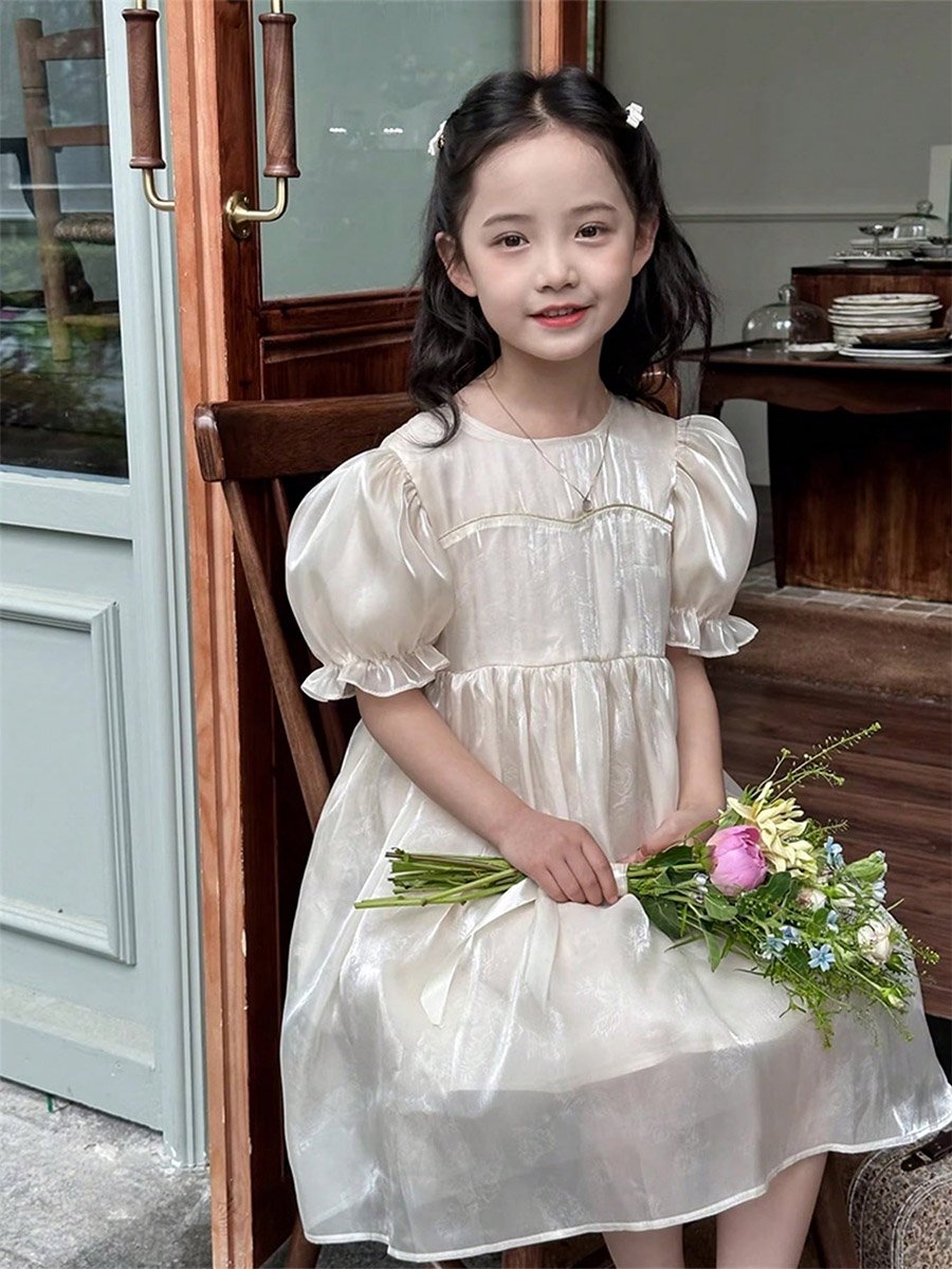 Girls Solid Puff Sleeve Dress