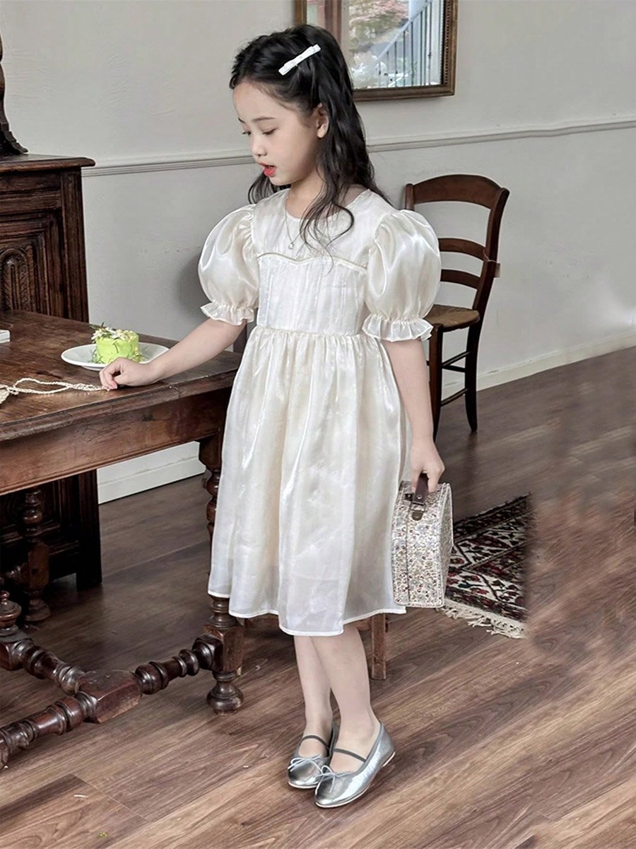 Girls Solid Puff Sleeve Dress
