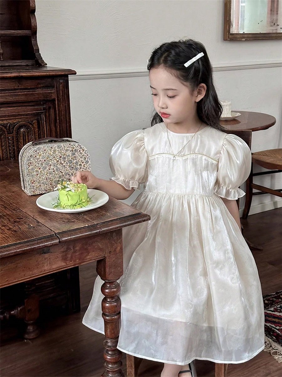 Girls Solid Puff Sleeve Dress