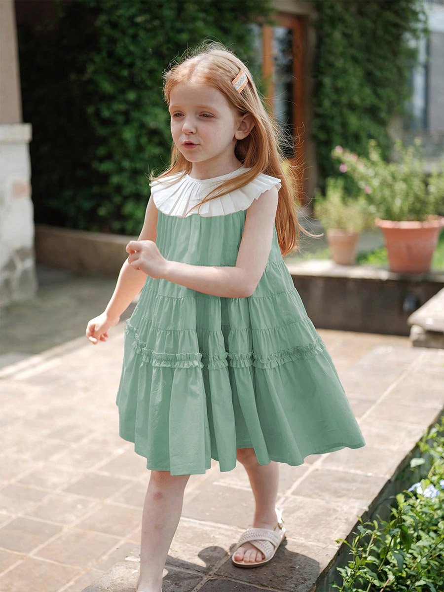 Girls Contrast Trim Sleeveless Tiered Dress