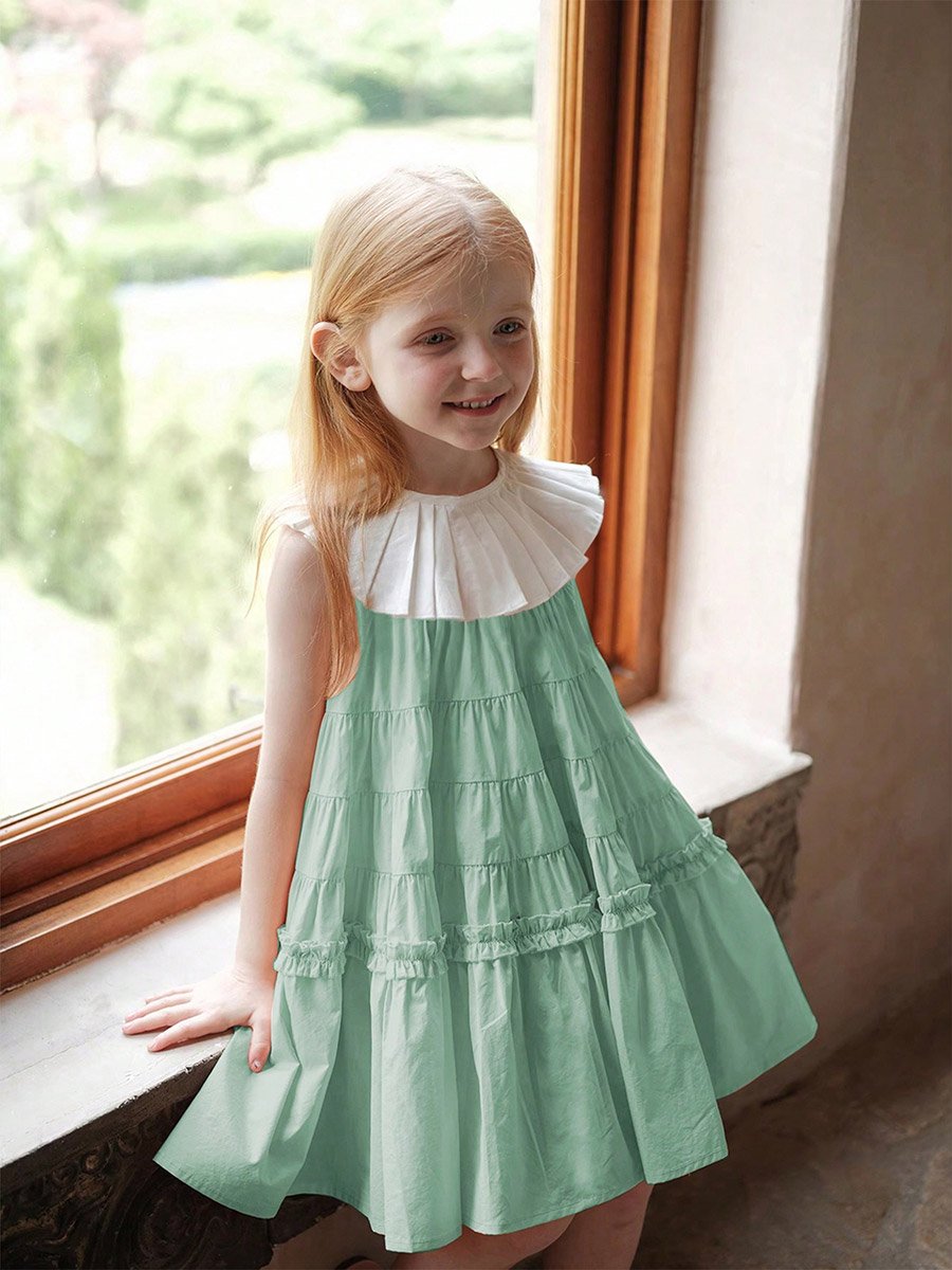 Girls Contrast Trim Sleeveless Tiered Dress