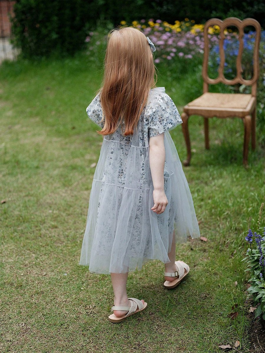 Girls Floral Print Mesh Puff Sleeve Dress