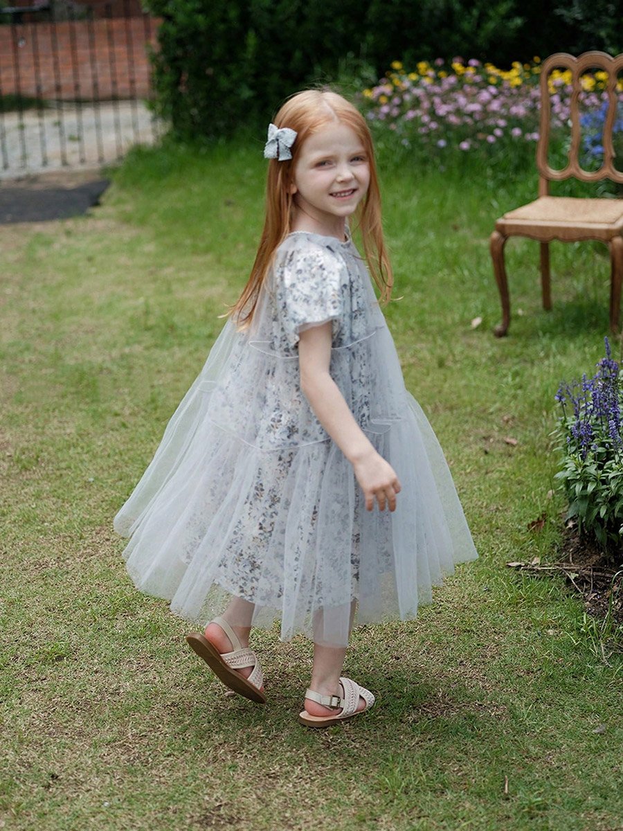 Girls Floral Print Mesh Puff Sleeve Dress